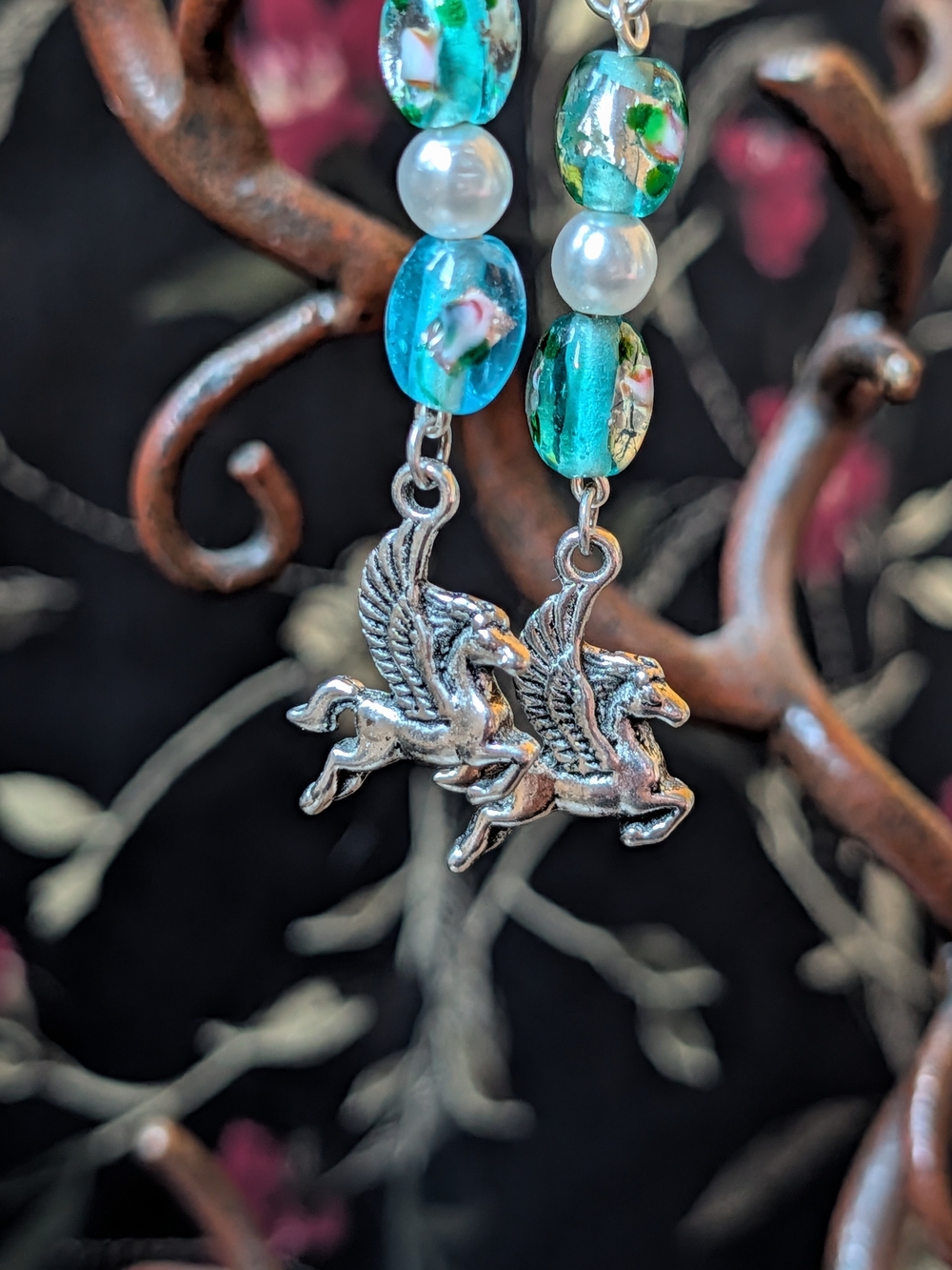 Silver Pegasus Dangle Earrings with Turquoise Glass Beads